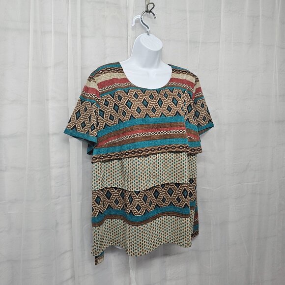 Alfred Dunner Brown Blue Aztec Tee Blouse Layered Boho Festival 1X - Picture 4 of 11